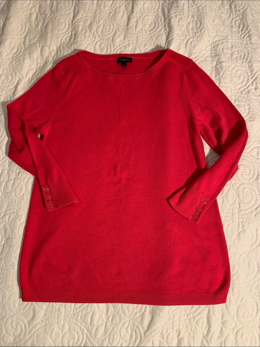Talbots Bright Red Crewneck Sweater with Button-Cuff Detail size S